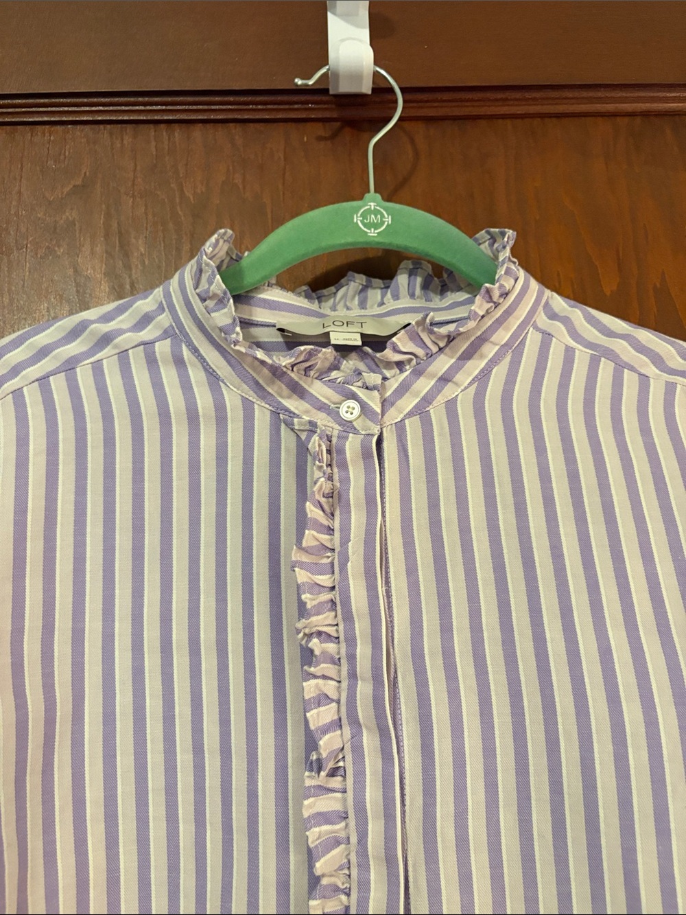 LOFT Lavender & White Striped Ruffle-Front Blouse - Picture 4 of 8